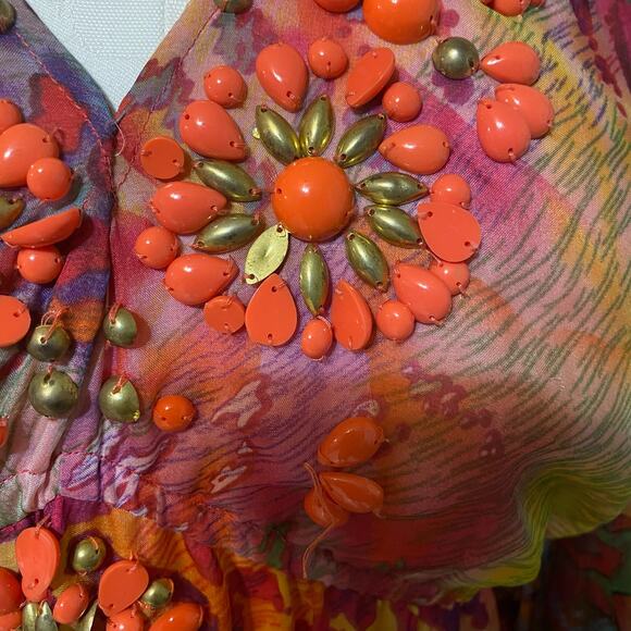 Boston Proper Beaded Long Sleeve Boho Blouse in Multicolor Leopard Print Small - Picture 9 of 9